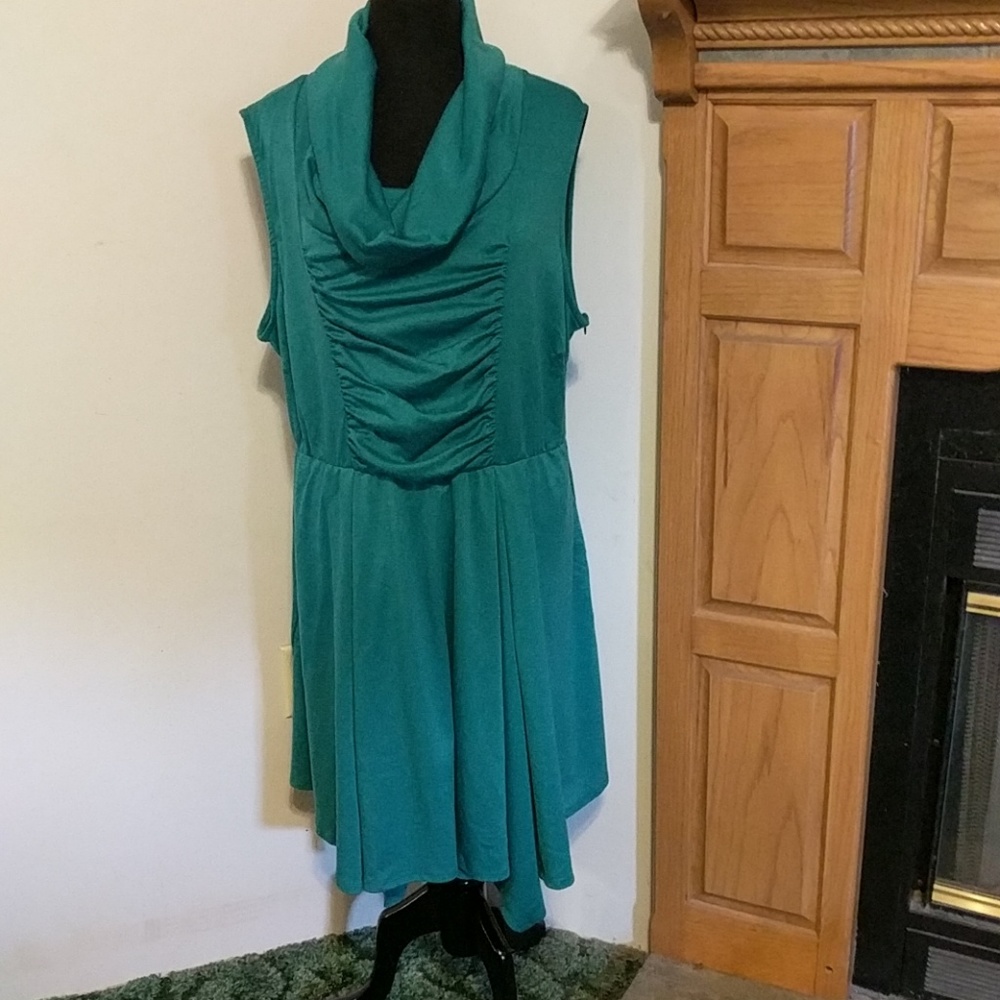 Green cowl neck dress with pockets